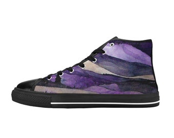 Women's Lace Up Canvas Sneakers - Purple Painting Shoes Watercolor Edition- Hi Tops