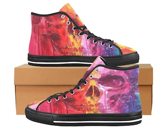 Rainbow Skull High Top Canvas Shoes: Edgy Goth Sneakers
