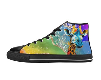 Women's Lace Up Canvas Sneakers - Giraffe Shoes Pop Art Color Edition- Hi Tops