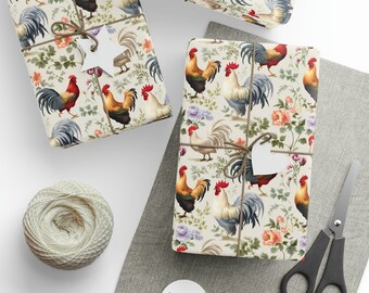 May include: Gift wrap featuring a rooster and floral pattern in red, gold, and blue on an off-white background. The wrapped gifts are tied with twine and adorned with white tags. A ball of twine, scissors, and additional tags are also visible.