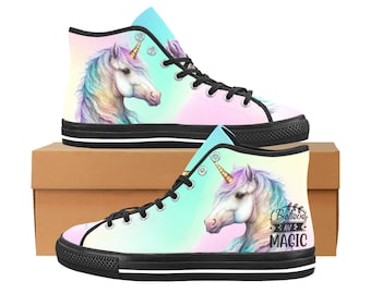 Believe in Magic Unicorn High Top Sneakers for Women and Girls- Hi Top Festival Shoes, Pink Unicorns, Summer Shoes , Unique Sneakers, Gift