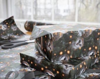 Papel de regalo navideño con diseño de búho / Papel de regalo con temática de bosque y follaje invernal / Diseño navideño inspirado en la naturaleza
