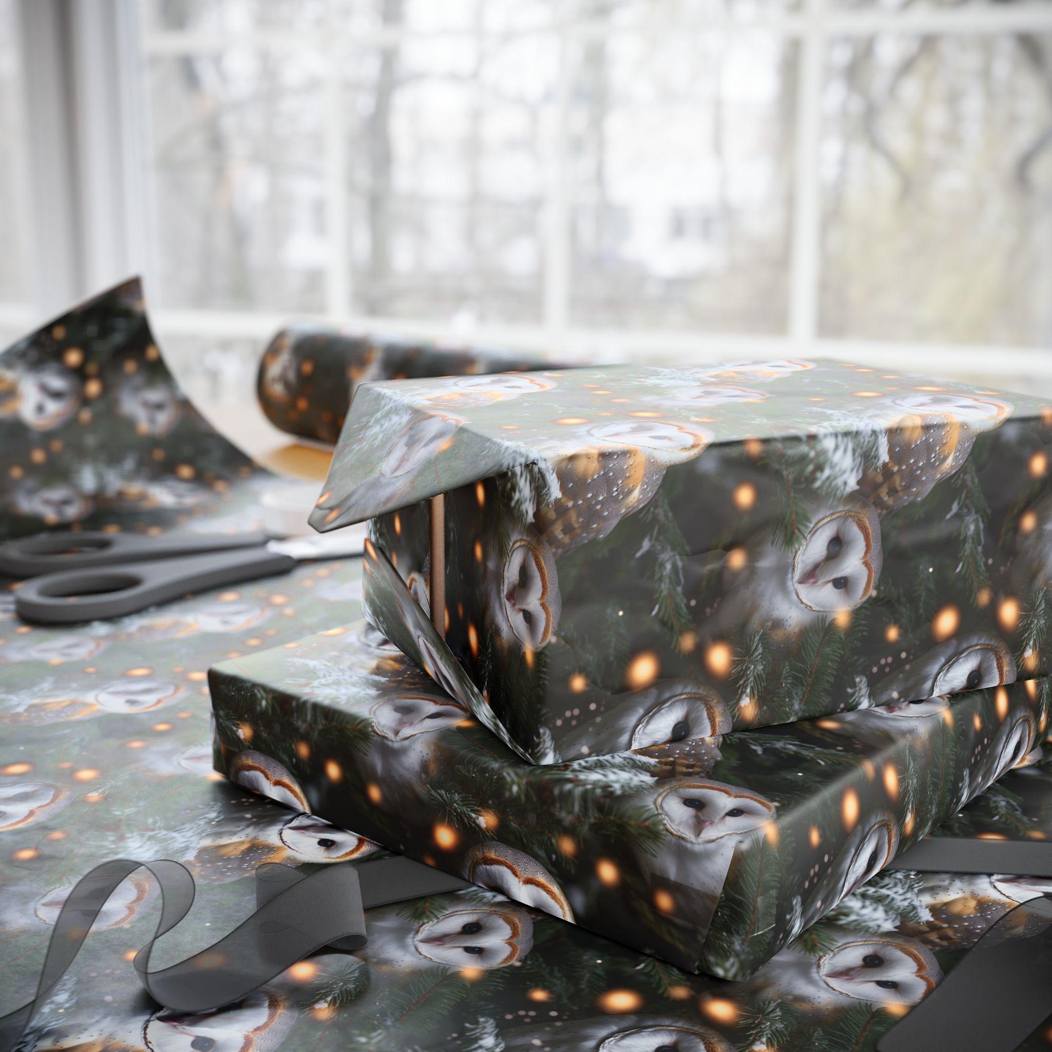 Owl Christmas Wrapping Paper | Festive Woodland Gift Wrap with Winter Foliage | Nature-Inspired Holi