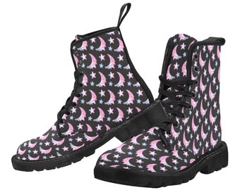 Fantasy Pink Skull Lace Up Canvas Boots - Womens