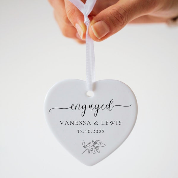Personalised Engagement Gift Idea for Friends Engagement Ornament Gift for Couples Ceramic Keepsake Hanging Heart With Names & Date