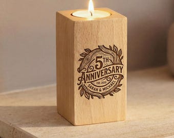 Personalised 5th Wedding Anniversary Wooden Tealight Candle Gift