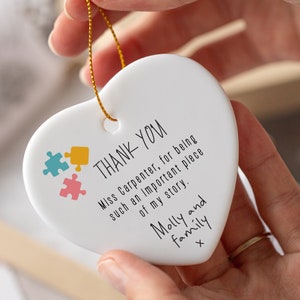 Personalised Ceramic Teacher Thank You Gift Heart with Puzzle Illustration, Memorable Keepsake for Educator's Gift