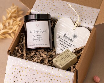 Condolence Gift Set - A Beautiful Soul Candle, Matchbox & Heart Plaque for Bereavement Grief or Loss
