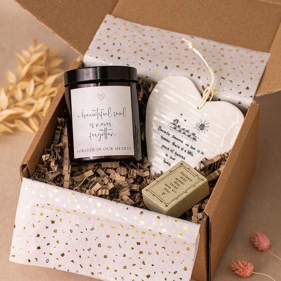 Condolence Gift Set - A Beautiful Soul Candle, Matchbox & Heart Plaque for Bereavement Grief or Loss
