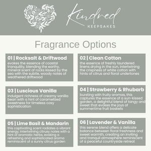 May include: A gray graphic featuring the text "Kindred Keepsakes" and "Fragrance Options." Six fragrance descriptions are listed, including "Rocksalt & Driftwood," "Clean Cotton," and "Luscious Vanilla."