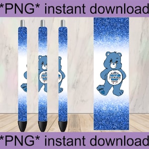 May include: Three blue glitter pens with a blue Care Bear character holding a sign that says "don't fucking care".