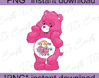 May include: Pink Care Bear with a heart-shaped lock and key on its belly. The bear is holding its hands to its cheeks and has a big smile. The text on the lock says "it's cute you think I care".
