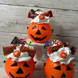 Faux pumpkin pails filled with whip cream, candies & sprinkles,  Fake pumpkin pails, Halloween decor, Halloween tiered tray