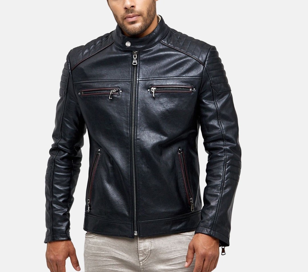 Men's Quilted Shoulder Leather Jacket Biker Leather Jacket Etsy