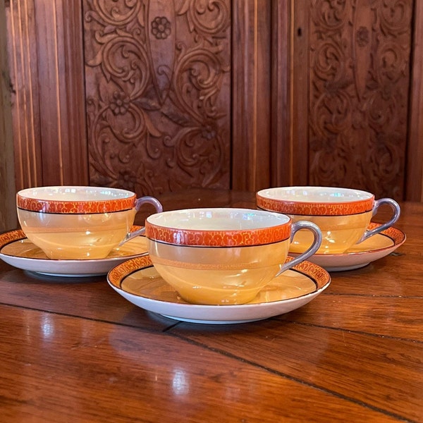 Vintage Hand Painted Orange And Purple Lustreware Tea Cups and Saucers ~ 3 ~ | Orange Lustreware |