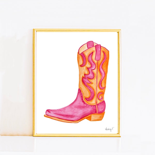 Print | Hot Pink & Orange Cowboy Boot | Cowgirl Art | Dorm Decor | Southern | Western | Pink Preppy Coastal Cowgirl