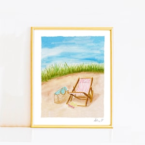 Beach Chair Watercolor Painting | Coastal Sand Dunes Art Print