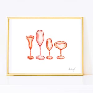 Print | Orange Champagne Flute Coupe Glasses Watercolor | Bar Cart Cocktail Wall Kitchen Decor Poster