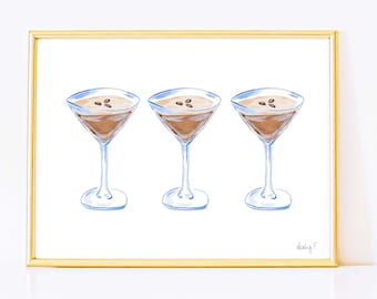 Print | Watercolor Espresso Martini Trio Painting | Bar Cart Decor | Cocktail Art Poster