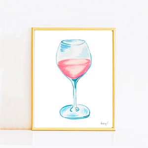 Stampa / Dipinto ad acquerello su bicchiere di vino rosè / Decorazione cocktail / Happy Hour / Cocktail rosa / Arte rosa per dormitori