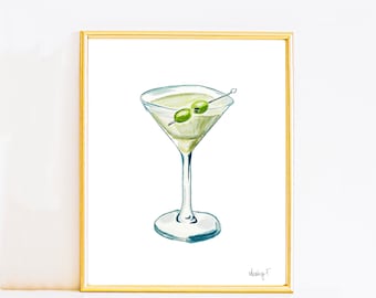 Print | Watercolor Martini Glass Painting | Bar Car Art | Cocktail Designs | Various Sizes