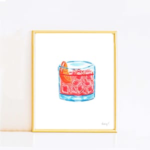 Impresión / Acuarela de cóctel Negroni / Póster de arte de cocina con carrito de bar