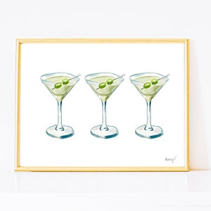 Wydrukuj | Akwarela Zielony i Niebieski Martini Trio Malarstwo | Dekoracja Wózka Barowego | Plakat Sztuka Koktajlowa Plakat