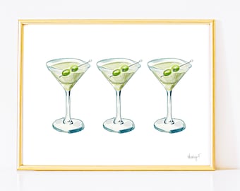 Print | Watercolor Green & Blue Martini Trio Painting | Bar Cart Decor | Cocktail Art Poster Poster