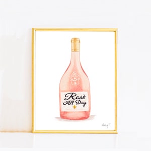 Wydrukuj | Rosè All Day | Malarstwo akwarelowe na butelce wina różowego | Dekoracja koktajlowa | Sztuka na wózku barowym | Różne rozmiary