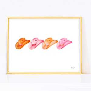 Print | Row of Cowboy Hats | Hot Pink and Orange Design | Watercolor Painting | Dorm Decor | Western | Cowgirl | Preppy Coastal Cowgirl