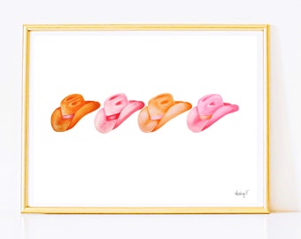 Print | Row of Cowboy Hats | Hot Pink and Orange Wall Art| Watercolor Painting | Dorm Decor | Western Cowgirl | Boho Preppy Coastal Cowgirl