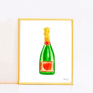 Print | Orange & Green Champagne Bottles Watercolor | Preppy Colorful Cheery Bright Coastal Cowgirl Dorm Cocktail Wall Art Cocktail Bar Cart