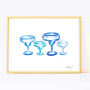 プリント | ブルー マルガリータ グラス 水彩画 4 部作 | バー カート カクテル ウォール アート | 海岸沿いのおばあちゃんのプレッピー