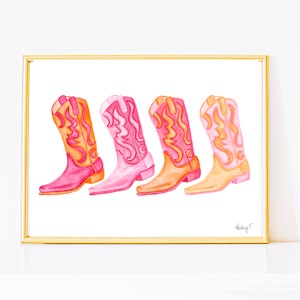 Print | Row of Hot Pink & Orange Cowboy Boots Painting | Pink Cowgirl Print | Dorm Decor | Boho | Preppy Coastal Cowgirl | Southern |Texas