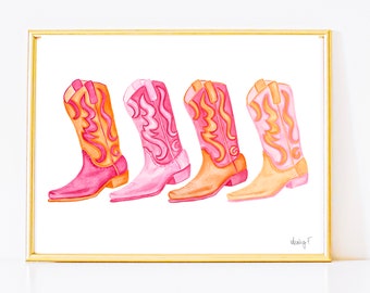 Print | Row of Hot Pink & Orange Cowboy Boots Painting | Pink Cowgirl Print | Dorm Decor | Boho | Preppy Coastal Cowgirl | Southern |Texas