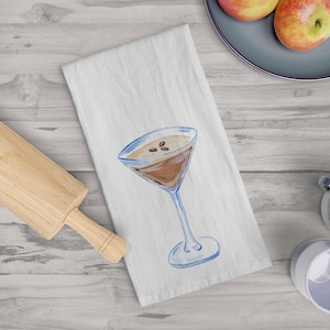 Tea Towel | Espresso Martini Watercolor Illustration | Cocktail Kitchen Decor | Bar Cart Accessory Gift Barware | Housewarming Gift