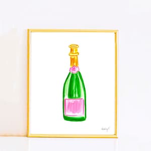 プリント | ピンクとグリーンのシャンパンボトル 水彩画 | プレッピー カラフル 陽気 明るい 沿岸 カウガール 寮 カクテル ウォールアート カクテル バー カート
