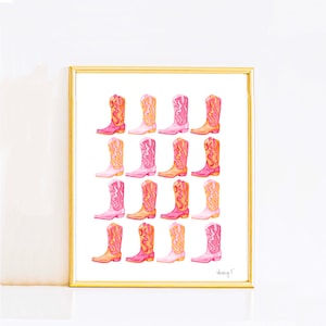 Poster imprimé | Peinture sur rangées de mini bottes de cowboy roses et orange | Imprimé cow-girl rose | Décoration de dortoir | Preppy | Cowgirl côtière | Sud