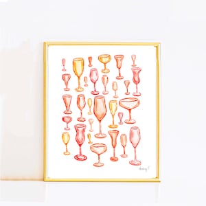 Wydrukuj | Pomarańczowe kieliszki do szampana, akwarela | Bar Cart Cocktail Kitchen Wall Decor | Coastal Cowgirl | Dorm Preppy | House Parapetówka