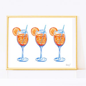 Print | Aperol Spritz Trio Watercolor Painting | Bar Cart Cocktail Drink Art Poster| Kitchen Decor