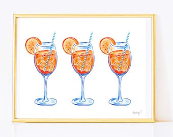 Print | Aperol Spritz Trio Watercolor Painting | Bar Cart Cocktail Drink Art Poster| Coastal Cowgirl Kitchen Decor