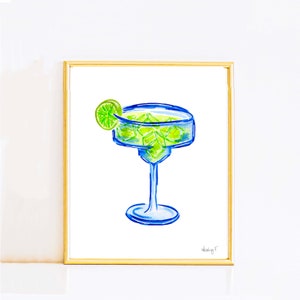 プリント | 明るいブルーのテキーラ マルガリータ 水彩画 | ブルー グリーン | バー カート カクテル キッチン アート 壁装飾 | 沿岸カウガール | 寮のプレッピー