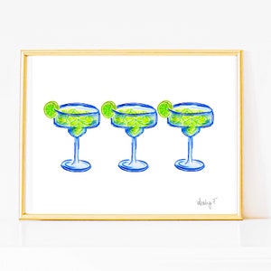 Wydrukuj | Jasnoniebieskie trio akwarelowe Tequila Margarita | Niebiesko-zielone | Bar Cart Cocktail Kitchen Art Wall Decor | Coastal Cowgirl | Dorm Preppy