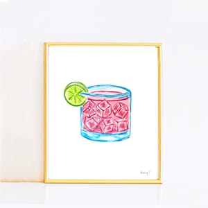 Print | Bright Cocktail Pink Tequila Paloma Watercolor| Pink Blue | Bar Cart Cocktail Kitchen Art Wall Decor | Coastal Cowgirl | Dorm Preppy