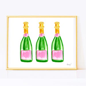 Drucken | Rosa und Grünes Sektflaschen-Trio | Prepy Küsten Cowgirl Wohnheim Dekor Wand Kunst Küche Bar Warenkorb