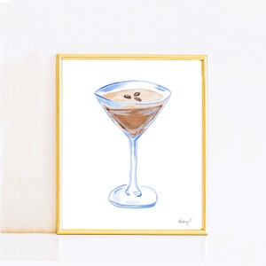 Pintura de acuarela de copa de martini espresso / Arte mural de cócteles / Carrito de bar de acuarela / Póster de martini espresso / Impresión artística de martini de café