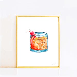 プリント | 昔ながらのウイスキーカクテル水彩画 | バーカートキッチン装飾ポスター | ウイスキー | 飲料