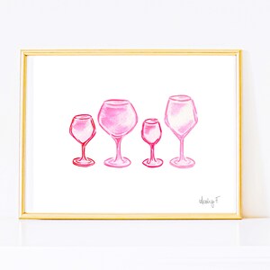 Wydrukuj różowe kieliszki do wina akwarela quad | Bar Cart Art Cocktail Wall Poster Kitchen