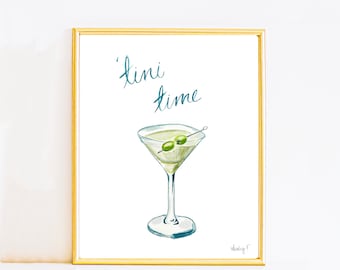 Print| Tini Time Martini Glass Watercolor Painting | Cocktail Wall Art | Watercolor Bar Cart | Martini Poster Art | Martini Watercolor Print