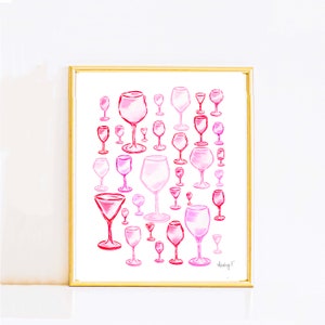 Wydrukuj | Gorące różowe kieliszki do wina akwarela | Bar Cart Cocktail Kitchen Wall Decor | Coastal Cowgirl | Dorm Preppy | House Parapetówka